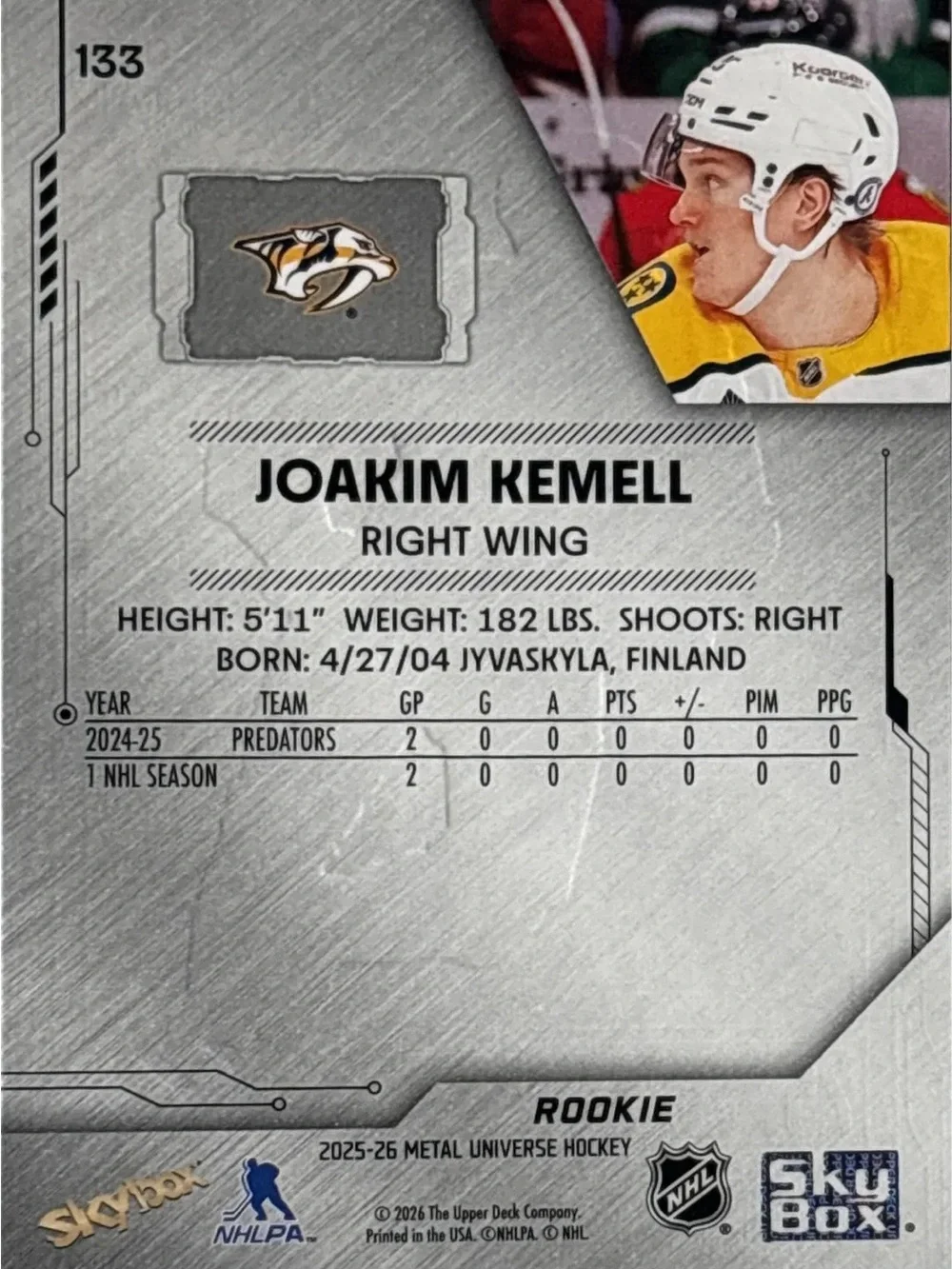 Skybox Nashville Predators Rookie Trading Card - Joakim Kemell